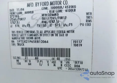 2005 Ford F-250 Lariat/Xl/Xlt из США, поврежденный, VIN 1FTSX21P65EB12064